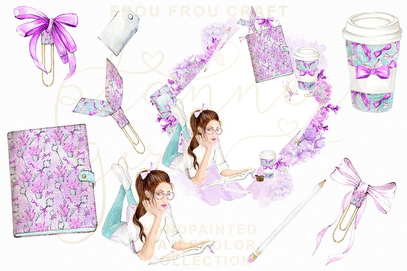 School Clipart Planner Girl Clip Art Fashion Illustration Planner Cover Girly Pastel Watercolor Floral Handpainted Lavender Purple EC Plan