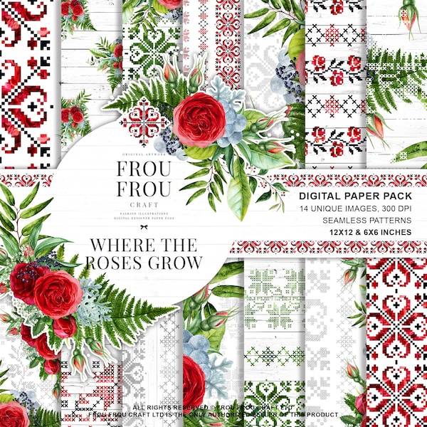 Paquete de papel de rosas rojas, almohadilla de papel digital etno, tela floral, almohadilla de diseñador de bordado tradicional búlgaro, planificador de Navidad tribal Boho