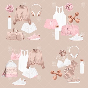 May include: A flat lay of a pink and rose gold themed gym outfit. The outfit includes a rose gold bomber jacket, white shorts, a white tank top, a pink sports bra, a pair of white sneakers, a rose gold water bottle, a pink gym bag, a pair of rose gold dumbbells, a white headband, and a pair of white headphones.