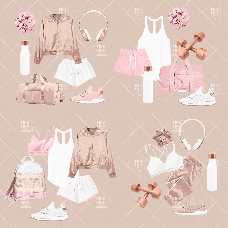 May include: A flat lay of a pink and rose gold themed gym outfit. The outfit includes a rose gold bomber jacket, white shorts, a white tank top, a pink sports bra, a pair of white sneakers, a rose gold water bottle, a pink gym bag, a pair of rose gold dumbbells, a white headband, and a pair of white headphones.