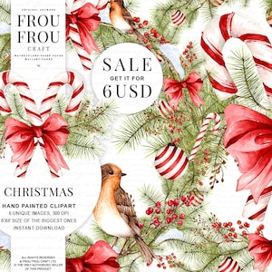 Aquarell Weihnachten Clipart Weihnachten Clip Art Winter Vögel Kranz Dekoration Planer Aufkleber Illustration Geschenk für Sie Rote Schleife Gruß Sale