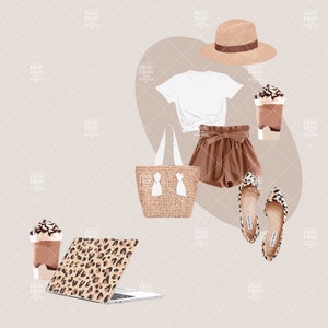 May include: A brown and white straw tote bag, a white t-shirt, brown shorts with a bow, a straw hat with a brown band, a pair of brown and white heeled flats, a brown iced coffee with whipped cream and chocolate sprinkles, and a laptop with a leopard print skin.