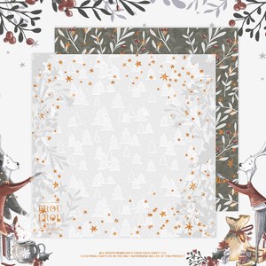 May include: A stack of Christmas-themed scrapbook paper with a winter forest and star pattern. The top sheet is white with white trees and gold stars. The second sheet has a green and white floral design. The image includes illustrations of rabbits and text.