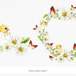 May include: A watercolor illustration of a wreath made of white daisies and green leaves with small yellow chicks peeking out of eggs.  Butterflies with red and orange wings are flying around the wreath.  A separate image shows a yellow chick hatching from an egg surrounded by white daisies.
