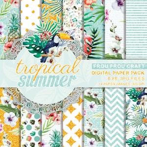 Tropical Summer Digital Paper Pack Instant Download Hawaii Blue Yellow Sunny Party Birds Orchid Hibiscus Colorful Flowers Aloha 6x6 inches