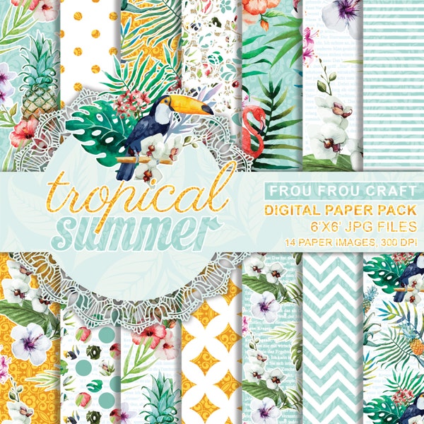 Tropischer Sommer Digital Paper Pack Instant Download Hawaii Blau Gelb Sonnige Party Vögel Orchidee Hibiskus Bunte Blumen Aloha 6x6 Zoll