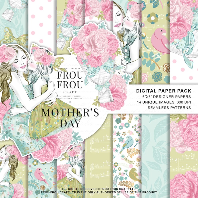 May include: Digital paper pack featuring illustrations of mothers and daughters, pink flowers, and birds. The words "Mother's Day" are displayed. The pack includes 6"x6" designer papers with 14 unique images and seamless patterns.