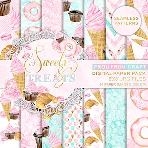 Könnte beinhalten: Ein digitales Papierpaket mit 14 nahtlosen Mustern mit Aquarell-Illustrationen von Süßwaren und Leckereien. Die Muster umfassen Donuts, Cupcakes, Eiswaffeln, Croissants und Macarons in den Farben Rosa, Blau und Gold. Der Text "Sweets & Treats" und "Frou Frou Craft" ist im Bild enthalten.