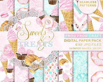 Bakery Digital Paper Pack, Watercolor Desserts, Seamless Patterns, Icecream, Cupcake, Croissant, Muffin, Macarons, Cake, Pink, Mint, Summer
