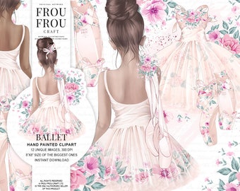 May include: A digital illustration set of a ballerina in a pink tutu with floral accents. The set includes 12 unique images, each with a size of 8 inches by 8 inches. The images are 300 DPI and are available for instant download.