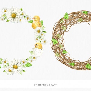 May include: Two watercolor wreaths, one with white daisies and yellow chicks, the other with brown twigs and green leaves.  Frou Frou Craft.