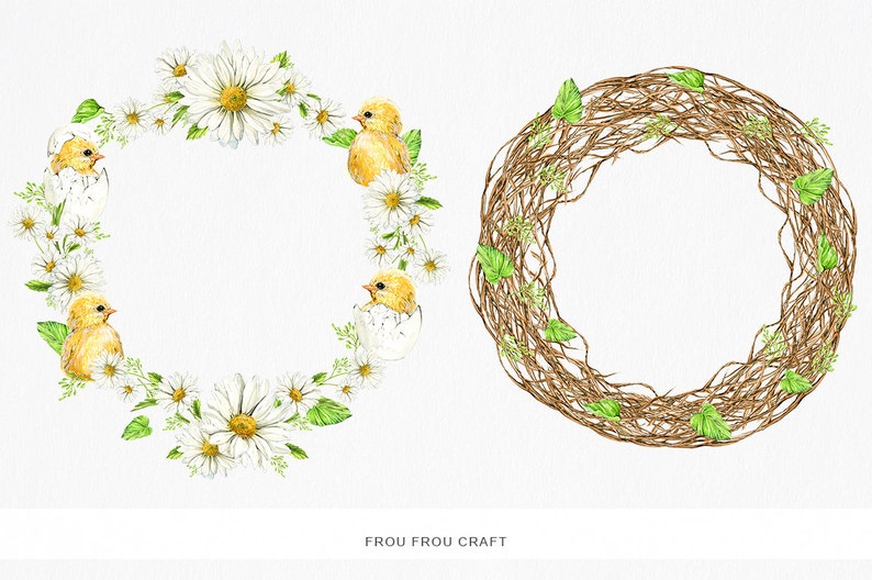 May include: Two watercolor wreaths, one with white daisies and yellow chicks, the other with brown twigs and green leaves.  Frou Frou Craft.