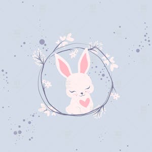 May include: A white bunny with pink ears and a pink heart on its chest is nestled inside a wreath of white flowers on a light blue background.