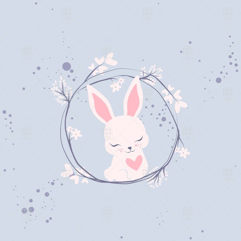 May include: A white bunny with pink ears and a pink heart on its chest is nestled inside a wreath of white flowers on a light blue background.