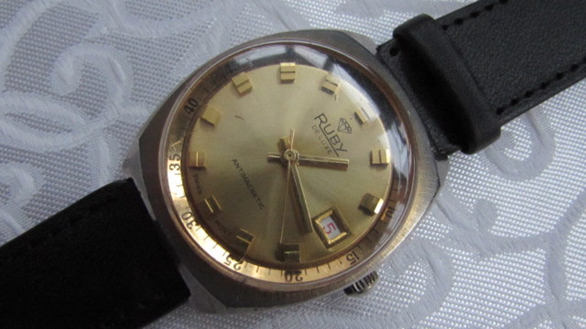 RARE Vintage RUBY de Luxe Date Swiss men's Wrist Watches | Etsy