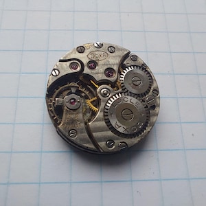 May include: Close-up of a vintage watch movement with intricate gears, screws, and ruby jewels. The watch mechanism is circular, with the brand name "DOXA" visible. The gears are silver-toned, and the jewels are red.