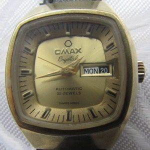 OMAX Crystal Swiss Vintage Wrist watches GOLD Plated automatic 21 jewels Day Date