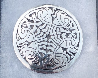 Scottish / Irish Celtic brooch, Celtic jewelry, Pewter brooch, Silver, Large,  featuring a Bird triad Inspired by The Book of Kells