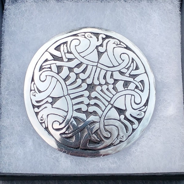 Scottish / Irish Celtic brooch, Celtic jewelry, Pewter brooch, Silver, Large,  featuring a Bird triad Inspired by The Book of Kells