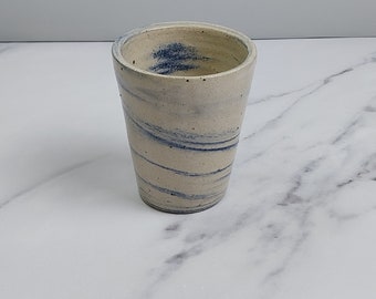 White tunbler with blue lines, Handmade Ceramic Cup, Coffee Cup,Pottery Cup, Coffee Mug, Ceramic tumblertu, Agateware cup, Chocolate cup.