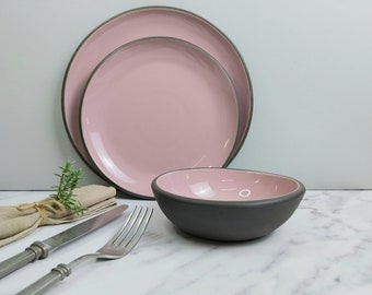 Set of 3, plates and a bowl of black clay, Pink | Handmade in the UK, Dinnerware, Gift for her or him, Kitchen Gift.