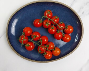 26cm Oval Platter, Grey Clay, Ocean Blue platter