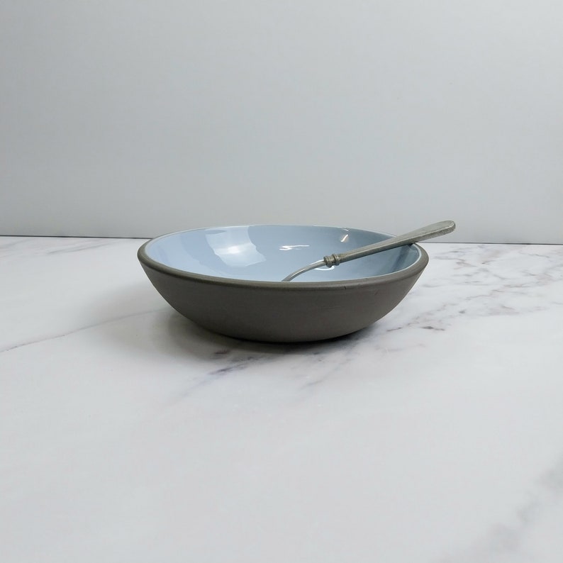 20cm Pasta Bowl, Black Clay, Light Blue Glossy bowl image 4