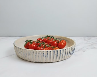 23cm White Bowl with blue lines, Ceramic bowl, Serving bowl, Pottery bowl, Handmade bowl, Storage bowl,Fruit bowl, engraved bowl,Salad bowl.