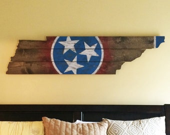 Wooden state of Tennessee cut out with state flag painted and distressed on it - Blue Tip