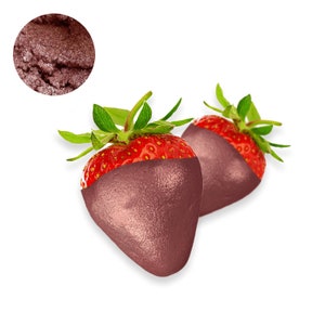 May include: Two strawberries dipped in a rich, metallic rose gold chocolate. The strawberries are fresh and red, and the chocolate is smooth and shiny.