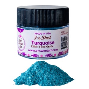 May include: A small jar of turquoise edible ice dust, labeled "Ice Dust Turquoise Edible Food Grade" with the website www.ohsweetart.com. The jar is 3 grams and has an expiration date of 03/30/2005.