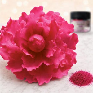 May include: A large, vibrant hot pink sugar flower with layered, ruffled petals. Beside the flower sits a small pile of matching hot pink powder and a small, out-of-focus black container with a label in the background.