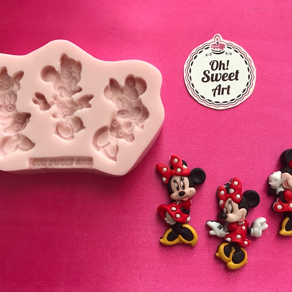 DREI MINNIE MOUSE rosa Kleid Silikon Form Kuchen Dekorieren Zucker Blume Seife Wachs Toper