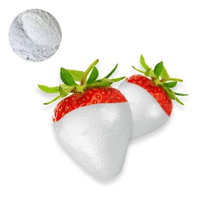 May include: Two strawberries dipped in white chocolate. The strawberries are red and the chocolate is white and shiny.