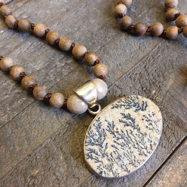 SALE Dendritic Limestone & Sterling Silver Pendant with Sandalwood and Fossilized Coral Beads Handknotted Silk Thread Necklace