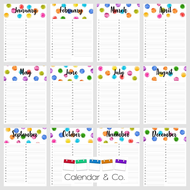 spots printable yearly birthday calendar perpetual calendar etsy