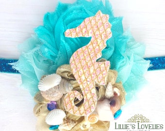 Seahorse Headband or Clip, Under The Sea Birthday Party Headband, Ocean Seashell Headband, Aquarium Hair Clip, Starfish Hairbow with Shells