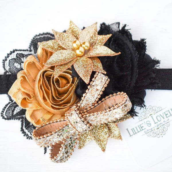 Gold and Black Headband or Clip, New Years Black and Gold Party Outfit, Girl's Black and Gold Outfit Christmas, Holiday Bow, Casino Outfit