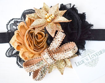 Gold and Black Headband or Clip, New Years Black and Gold Party Outfit, Girl's Black and Gold Outfit Christmas, Holiday Bow, Casino Outfit