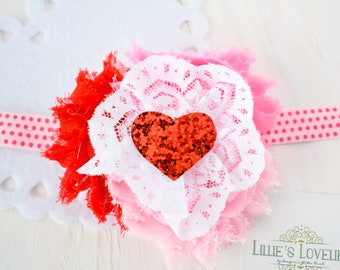 Baby Valentines Day Headband or Clip, Red Baby Headband, Pink Red White Headband Valentine's Day Outfits, Toddler Valentine Heart Headband