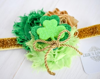 St. Patricks Day Headband, Shamrock Four Leaf Clover Hairbow, St. Paddy's Day Hair Clip Bow, Green Gold Baby Accessories, St Patty's Day