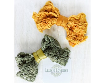 Crochet Bow on Nylon, Fall Headband or Clip Baby, Toddler Thanksgiving Fall Outfits, Sage and Mustard Yellow Baby Bow, Fall Portrait Bow