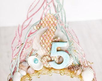Mermaid Birthday Crown Number Personalized, Under the Sea Headband, Seashell Seahorse Birthday Ocean Bow, Gold Ariel Crown, Moana Party
