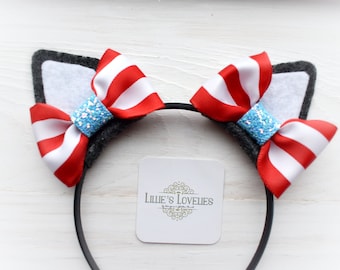 Ready to Ship! Cat in the Hat Headband, Wire-free Dr. Seuss Ears, Read Across America Hairbow, Seuss Hair Bow, Cat Seuss Birthday Party