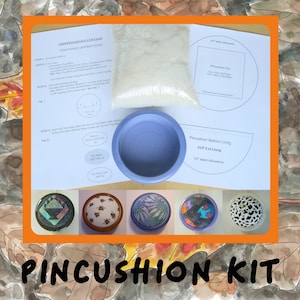 Pincushion Kit, DIY, handcrafted, unique, ceramic base, 100% virgin wool stuffing, pattern and detail instructions