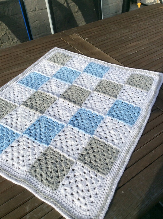 Items similar to Crochet baby boy granny square blanket gingham pattern