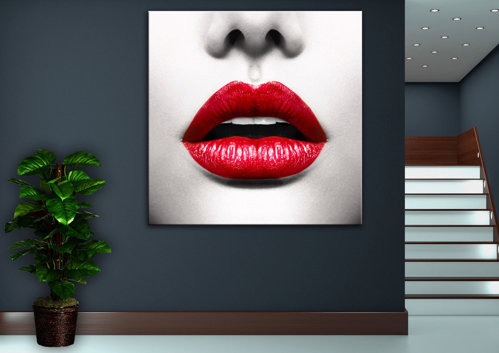 Red Lips Modern Home Decor Fine Wall Art Black White Canvas Etsy