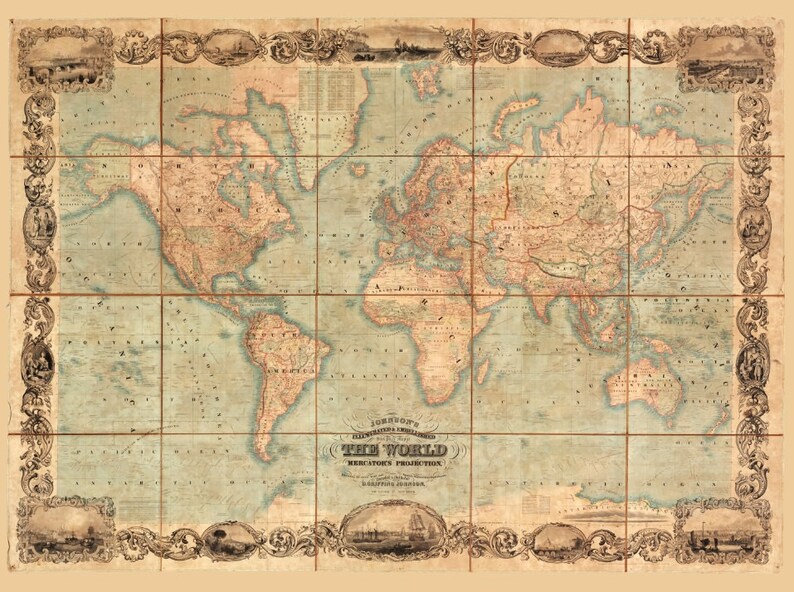 World Map Antique Vintage Old World Map Wall Art Canvas Den Etsy