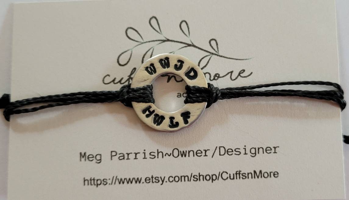 Adjustable  custom hand-stamped string washer bracelet