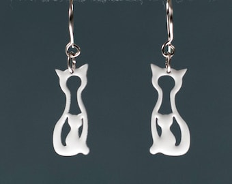 Cute White Cat and Kitten Earrings, Stainless steel, Mother and Baby, Motherly Love, Playful Cat Earrings, Cat Jewelry, Cat Lover Gift